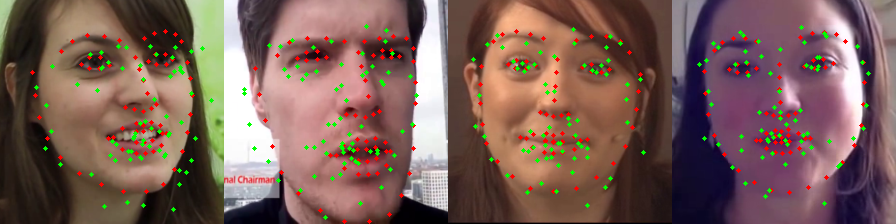 Saved validation overlays at training step 250, with red ground-truth landmarks and green sampled predictions.