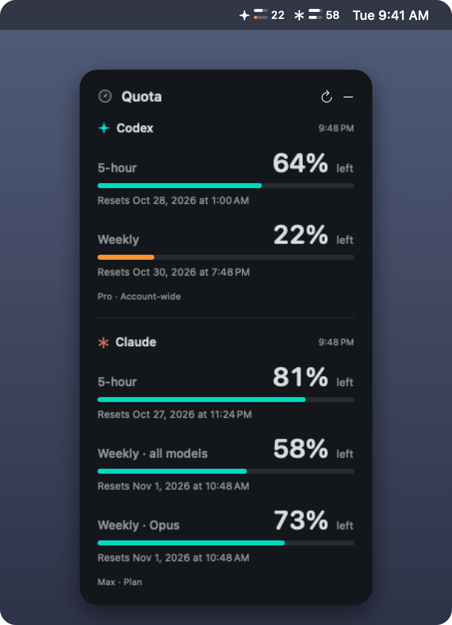 Quota Float: a dark floating panel listing Codex's 5-hour and weekly windows and Claude's 5-hour, weekly and Opus windows as percentages left with reset times, plus two compact gauges in the macOS menu bar.