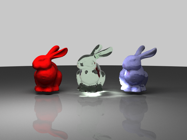 The Stanford bunny scene with visible caustic lighting from the refractive green bunny.