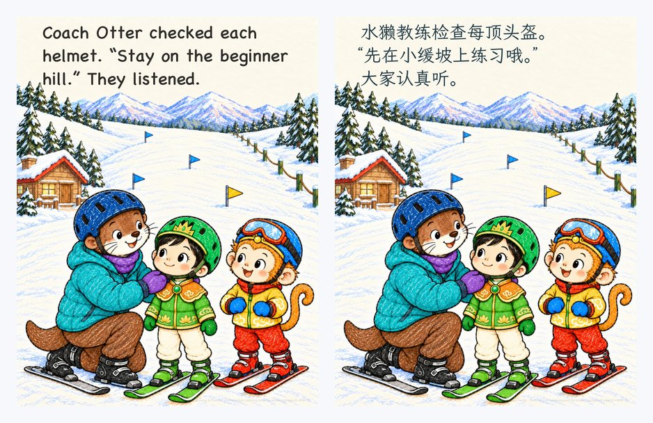The same page of Wukong and the Snowy Zigzags twice over: the same illustration and layout, with English text on the left and Simplified Chinese text on the right.