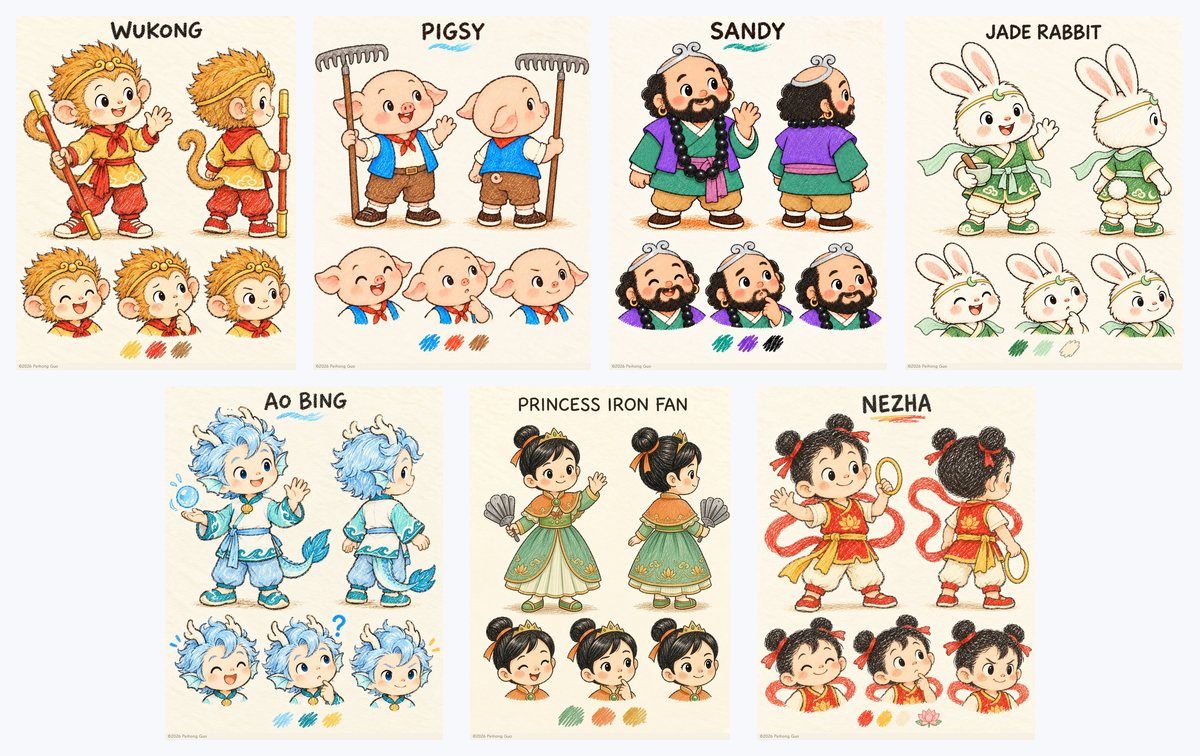 Seven crayon character portraits: Wukong, Pigsy, Sandy and Jade Rabbit on the top row, Ao Bing, Princess Iron Fan and Nezha below.