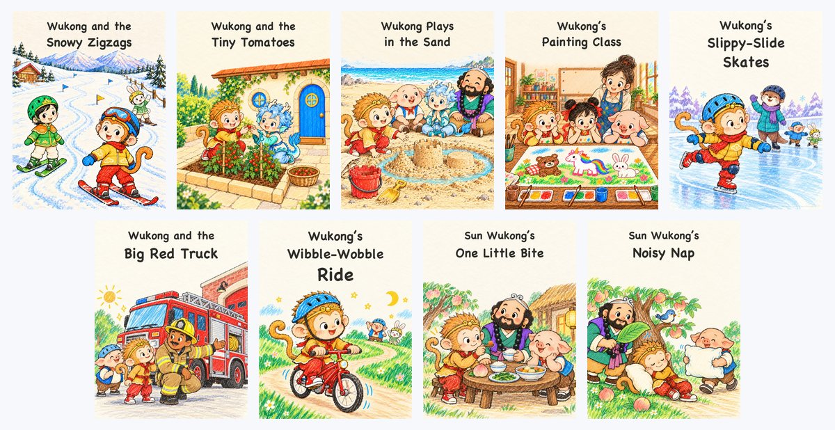 Nine picture-book covers in the same wax-crayon style: Snowy Zigzags, Tiny Tomatoes, Plays in the Sand, Painting Class and Slippy-Slide Skates on the top row; Big Red Truck, Wibble-Wobble Ride, One Little Bite and Noisy Nap below.
