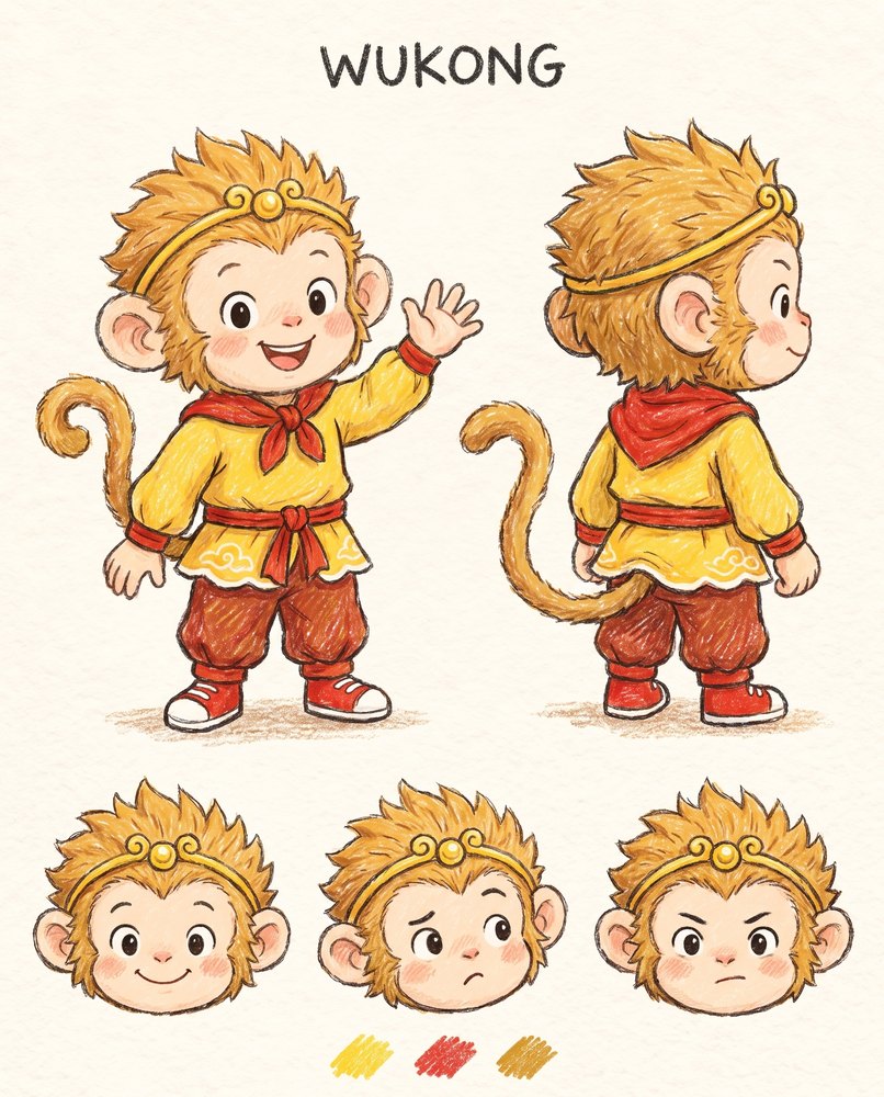 Wukong's approved model sheet: full-body views and head studies in wax crayon on cream paper, with his name hand-printed at the top.