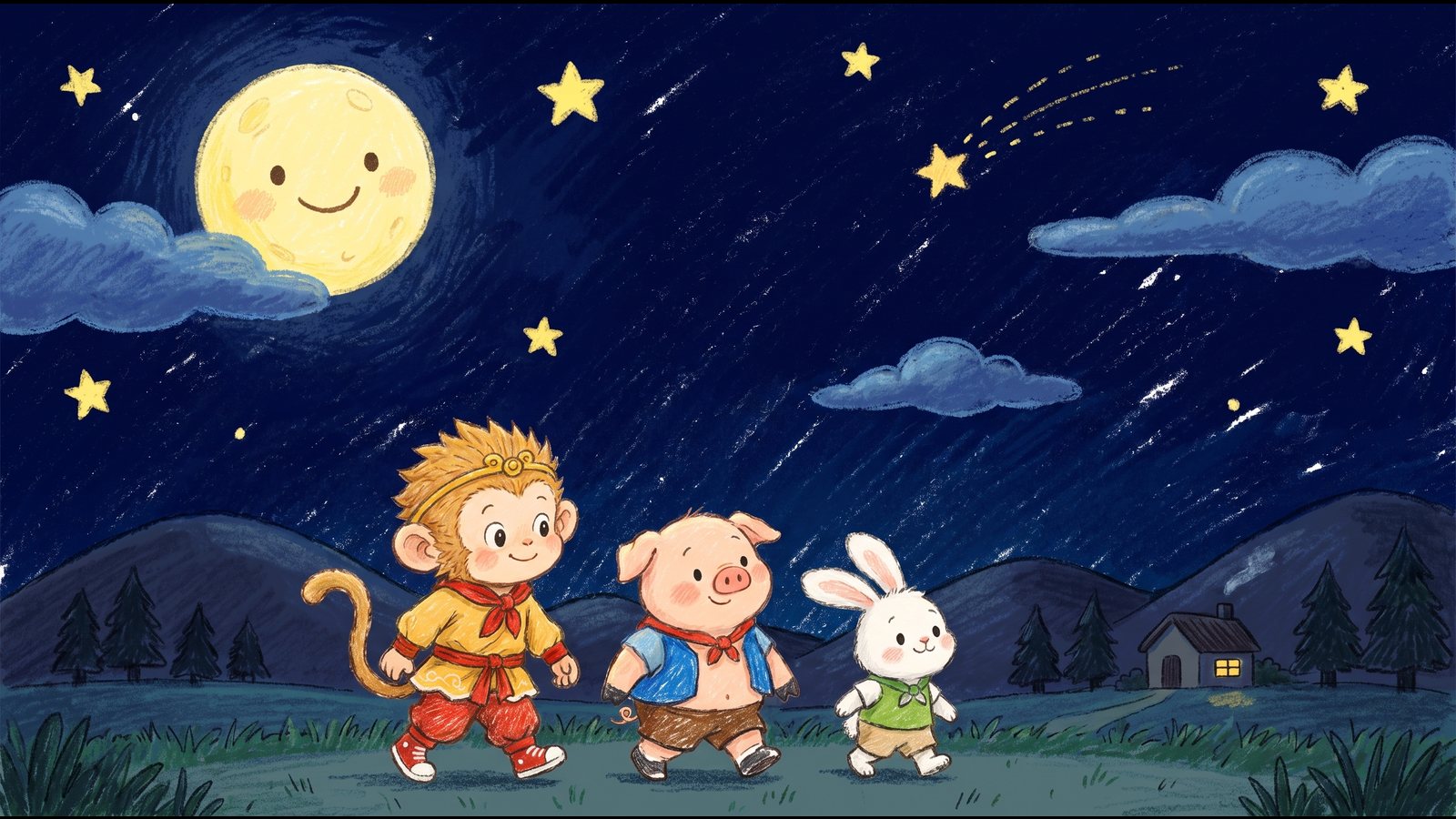 Wukong, Pigsy and Jade Rabbit walk home under a crayon night sky with a big smiling moon.